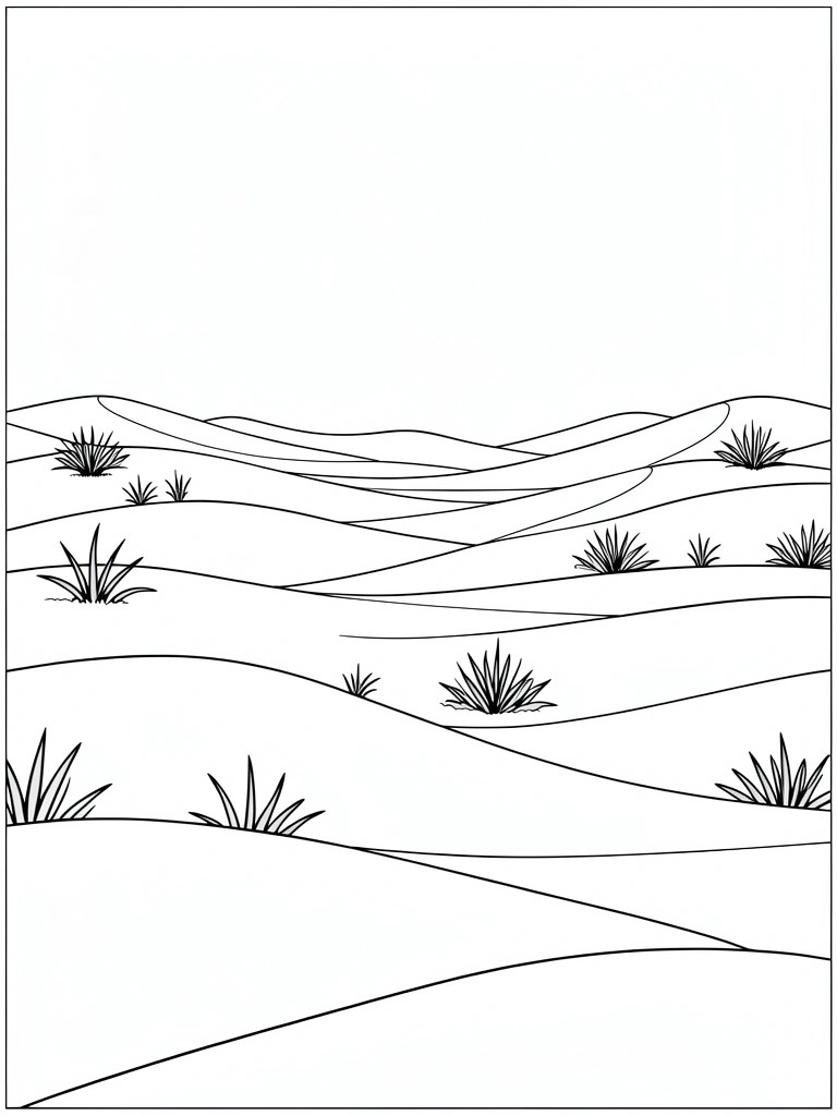 A black and white line drawing of rolling hills with scattered grass tufts.