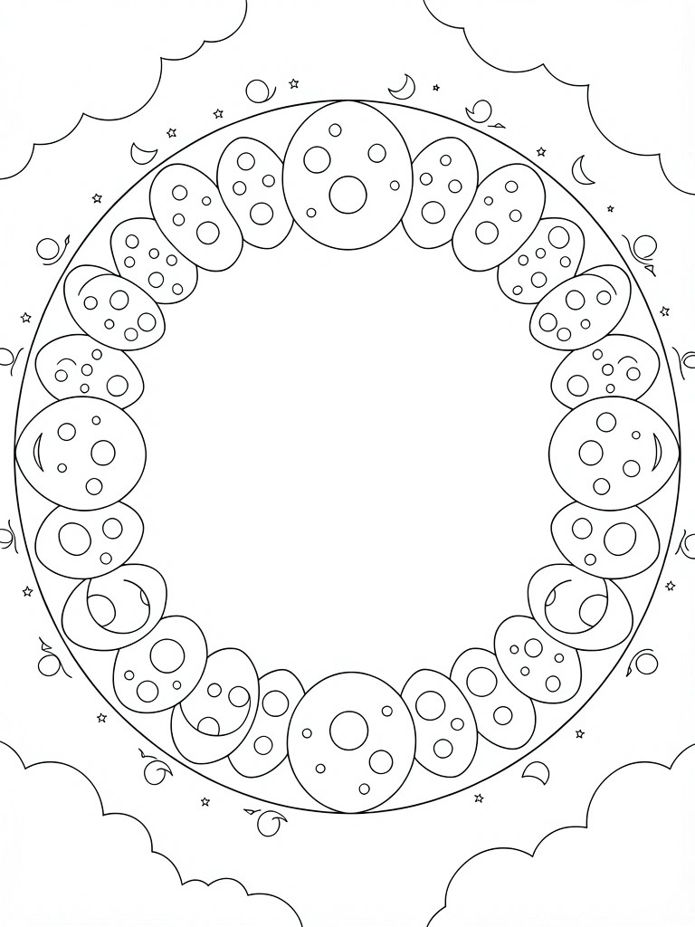 A black and white coloring page with a large circle made of moon shapes that have crater details, plus scattered stars, small moons, and clouds around the outside.