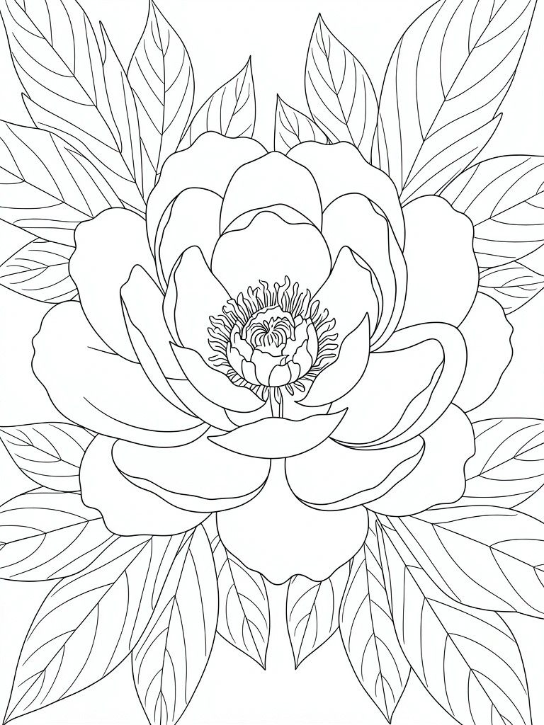 A black and white line drawing of a large multi-petaled flower with leaves arranged around it.