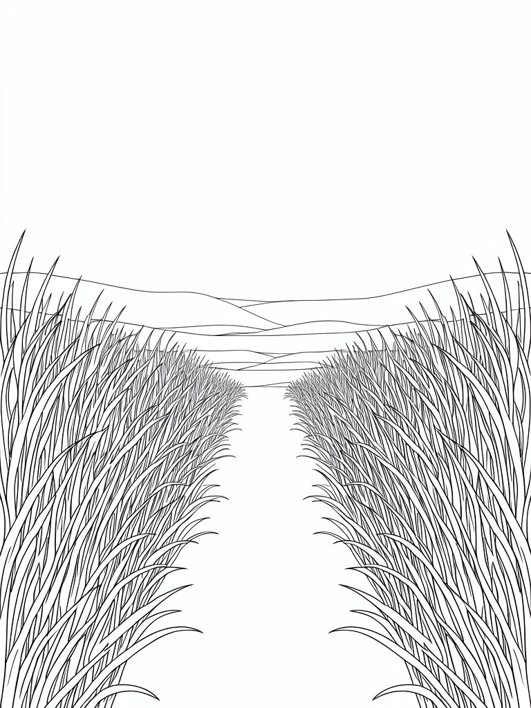 A black and white line drawing of a narrow path bordered by tall grass leading toward distant rolling hills.