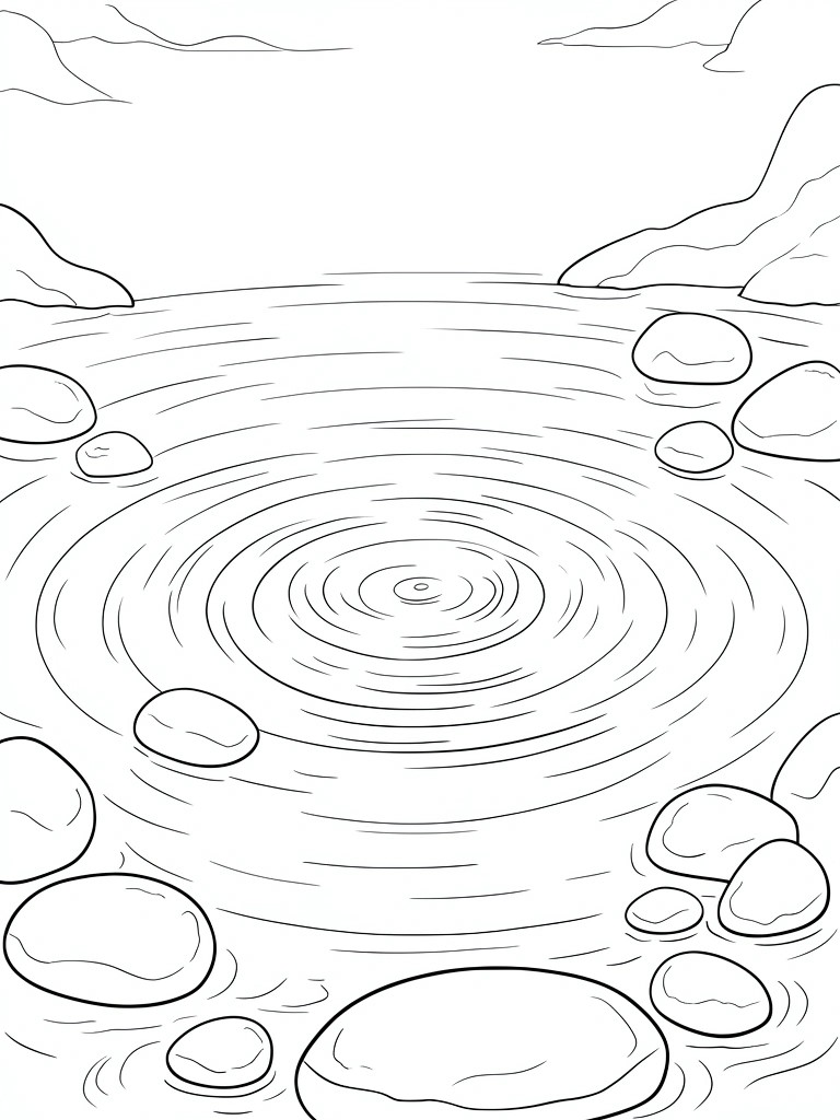 Black and white line drawing of rippling pond with rocks and hills.