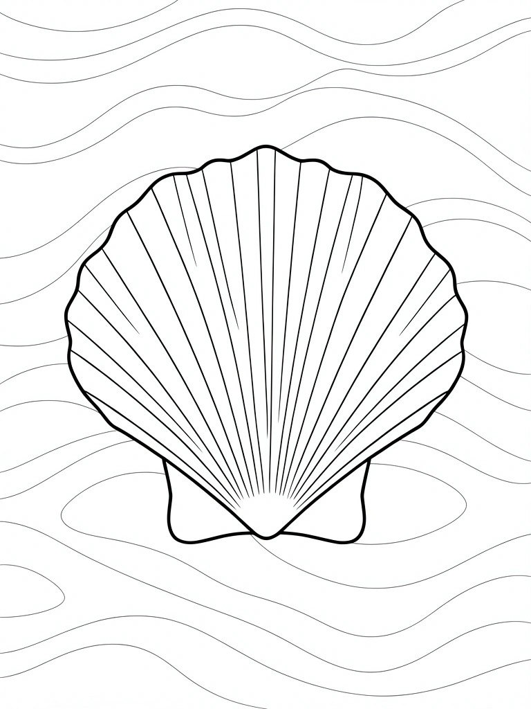 Line drawing of a scallop seashell with radiating lines and wavy waves.