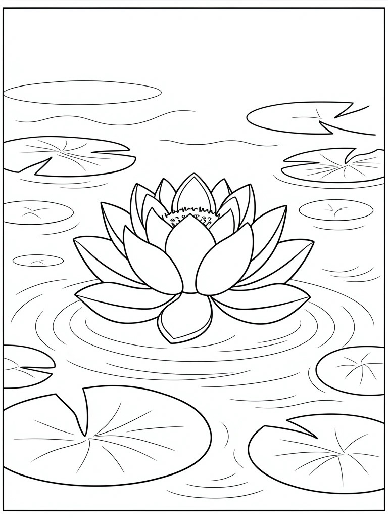 Line drawing of lotus flower blooming amid lily pads on rippled water.