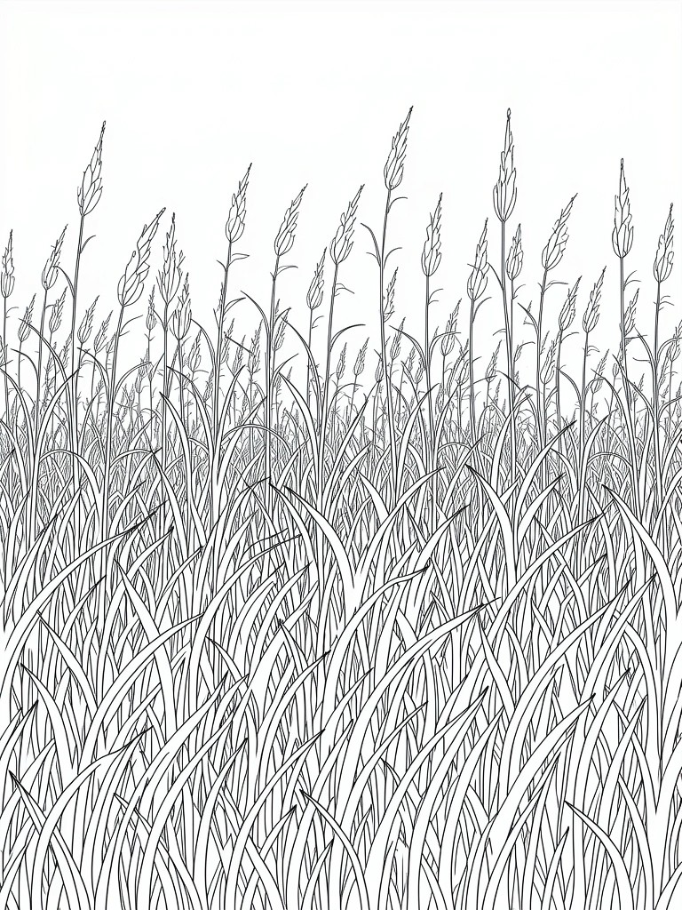 Black and white line drawing of dense tall grass with seed heads