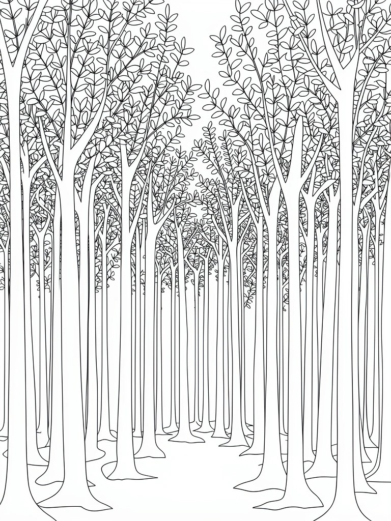 Black and white line art of a forest filled with tall thin tree trunks and leafy canopies.