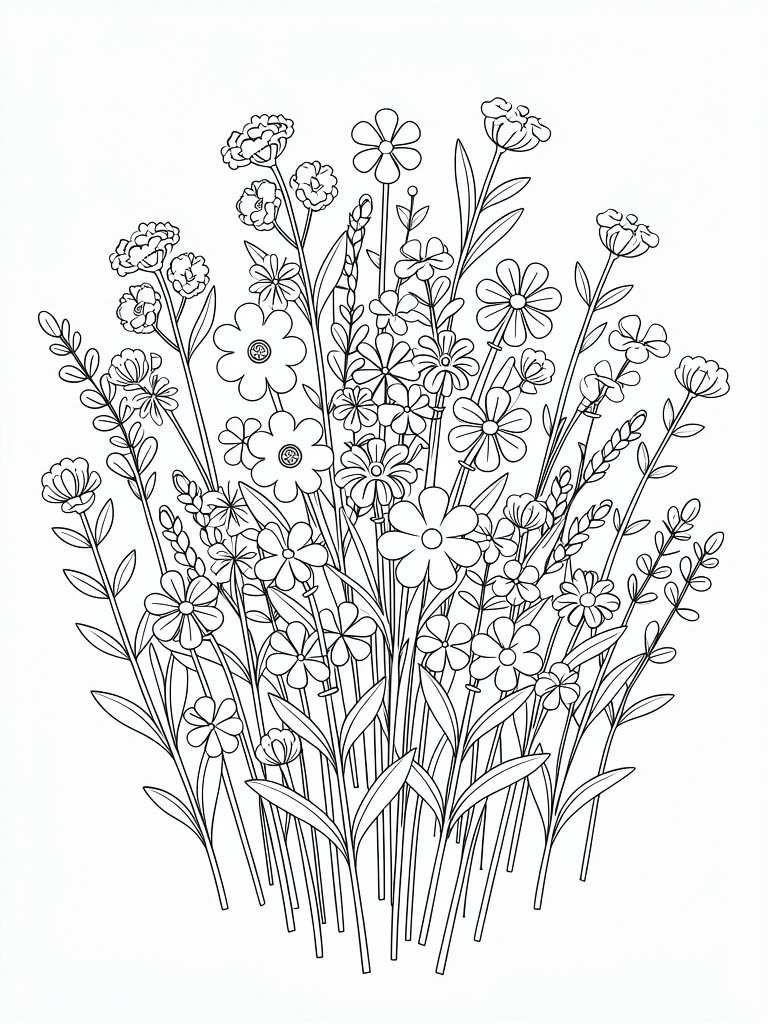 Black and white line drawing of dense wildflowers with stems and leaves