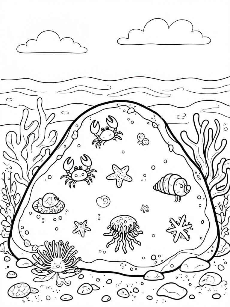 A black and white line drawing of an underwater scene centered on a large rock with crabs, starfish, a jellyfish, shells, and coral, plus waves above.