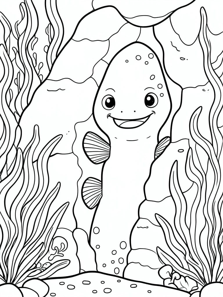 Smiling cartoon fish amid seaweed, rocks, and bubbles in ocean line art