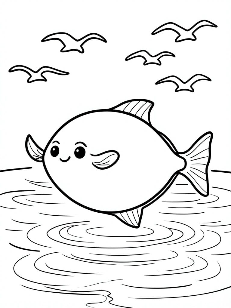 A line drawing of a cute fish leaping from water with ripples below and birds above.