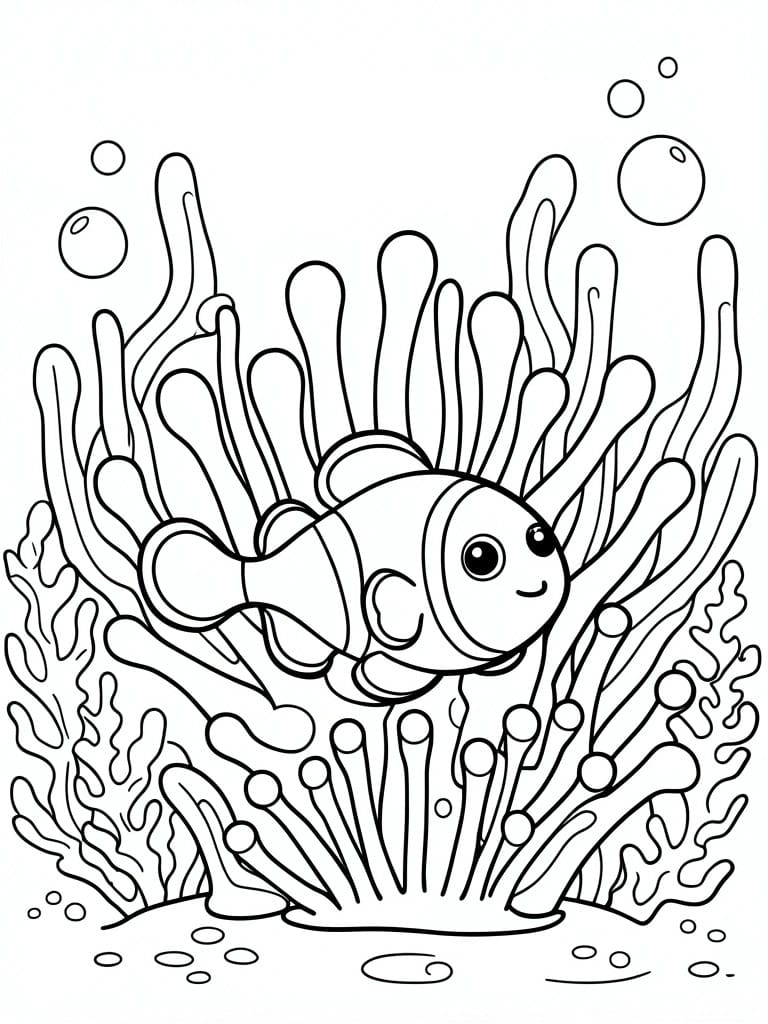 Black and white cartoon clownfish swimming among sea plants with bubbles.