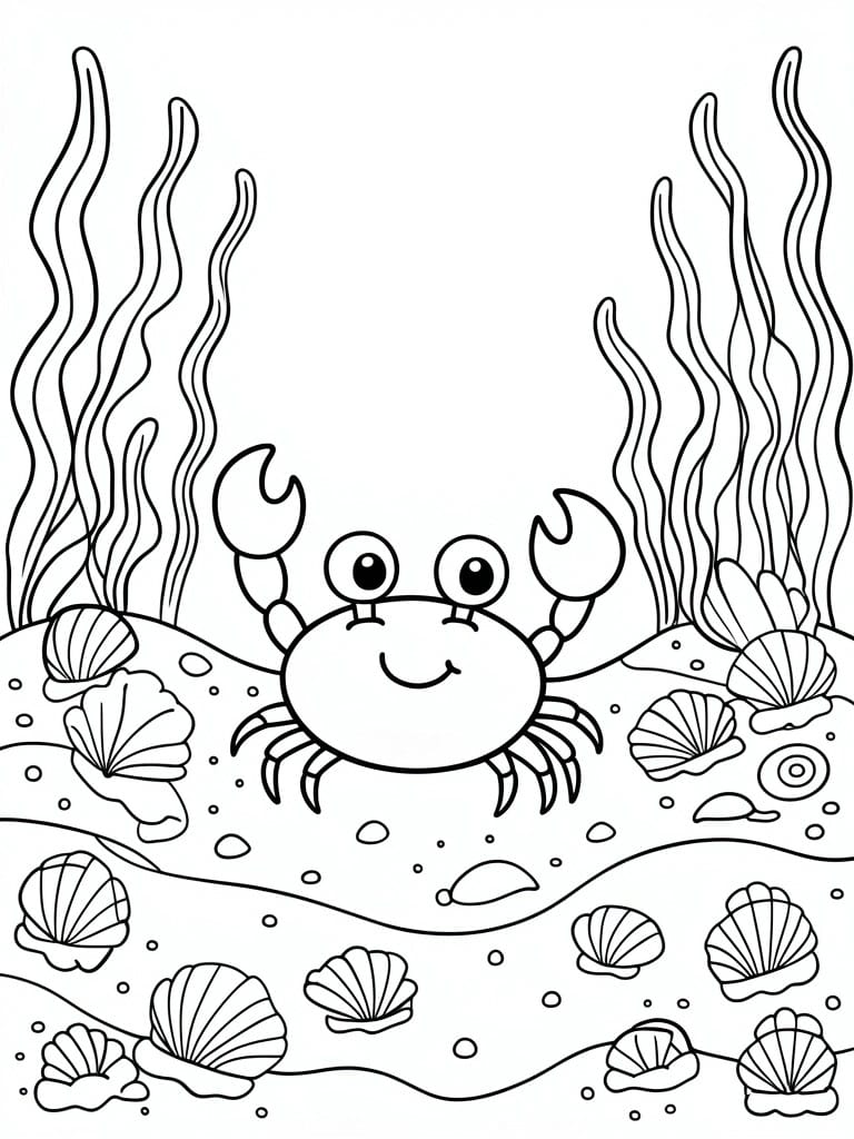 Coloring page of smiling crab on sandy seabed with seaweed and seashells.
