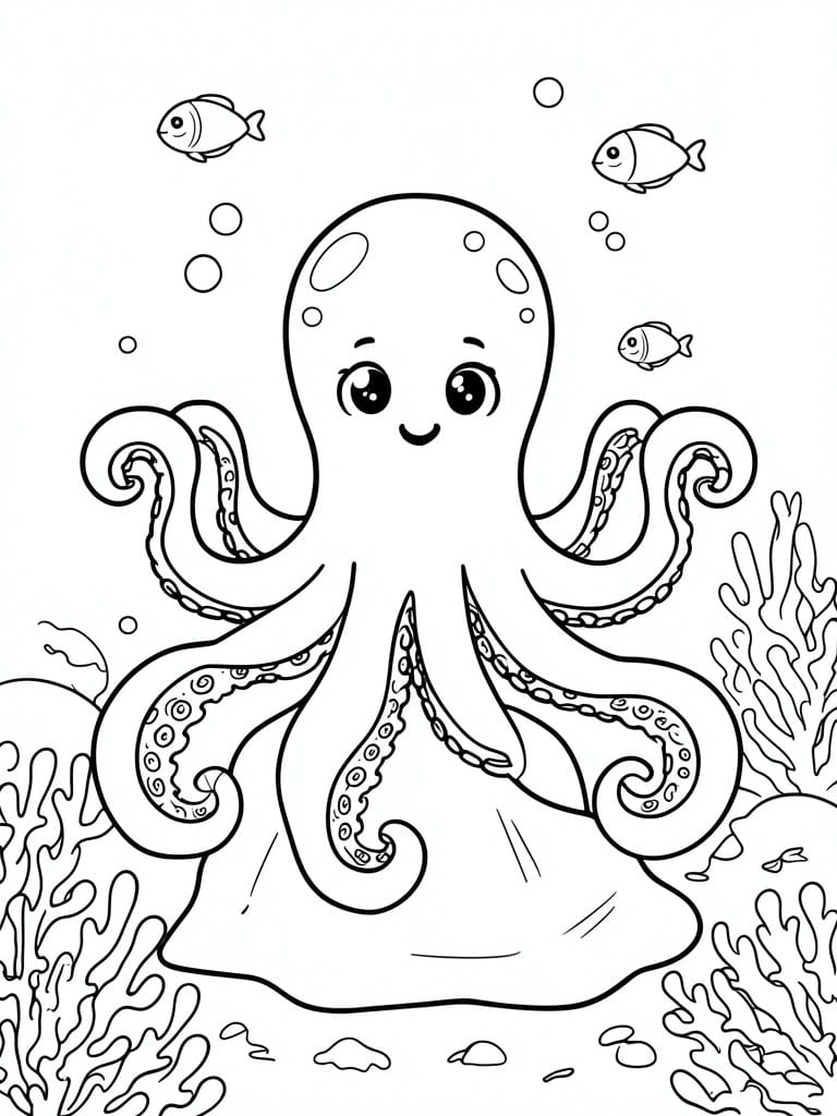 Cartoon octopus with curling tentacles, fish, bubbles, and coral in ocean.