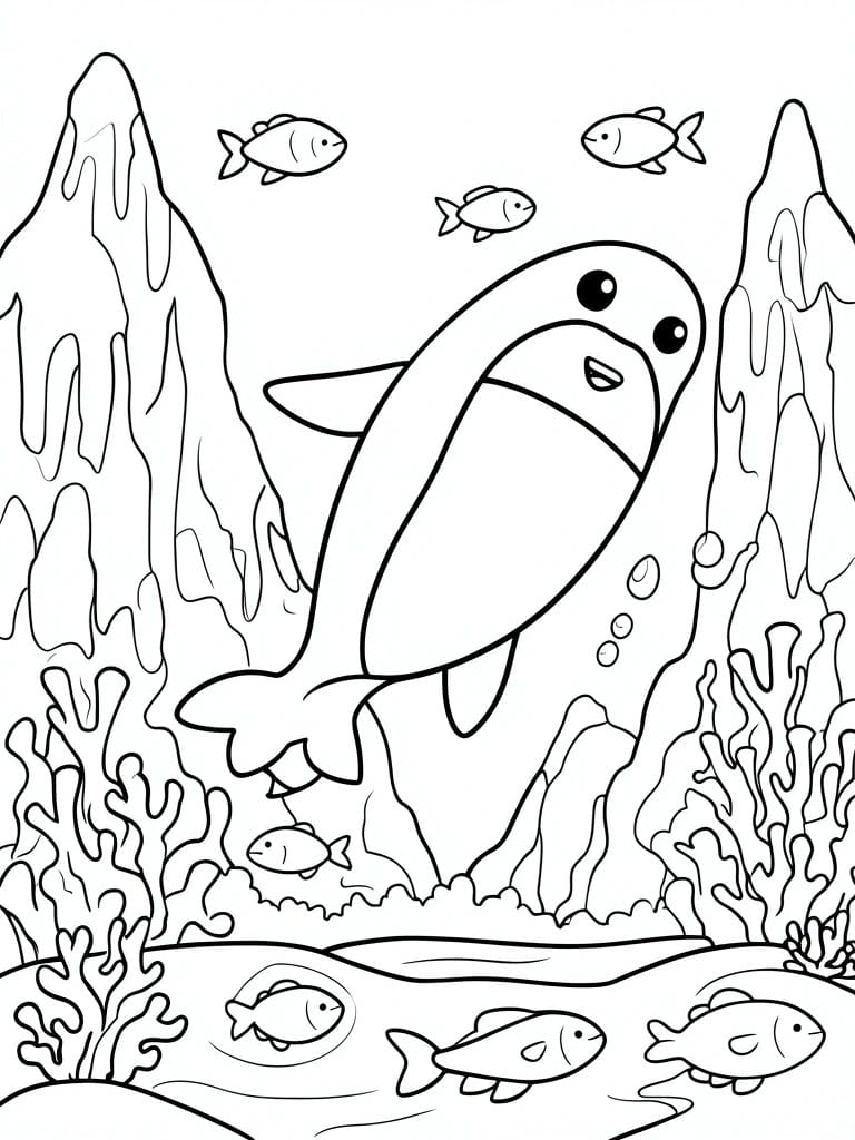 Coloring page of large smiling fish amid coral, rocks, and smaller swimming fish