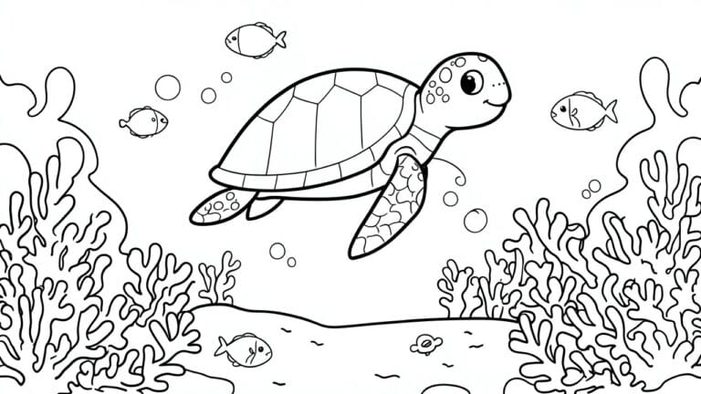 16 Beautiful Ocean Animal Coloring Pages for Underwater Learning Themes A black and white line drawing of a cartoon sea turtle swimming underwater surrounded by fish, bubbles, coral, and rocks.