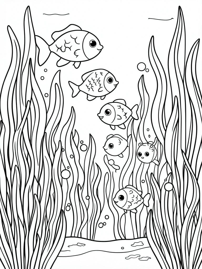 Coloring page of fish swimming among tall seaweed with rising bubbles.