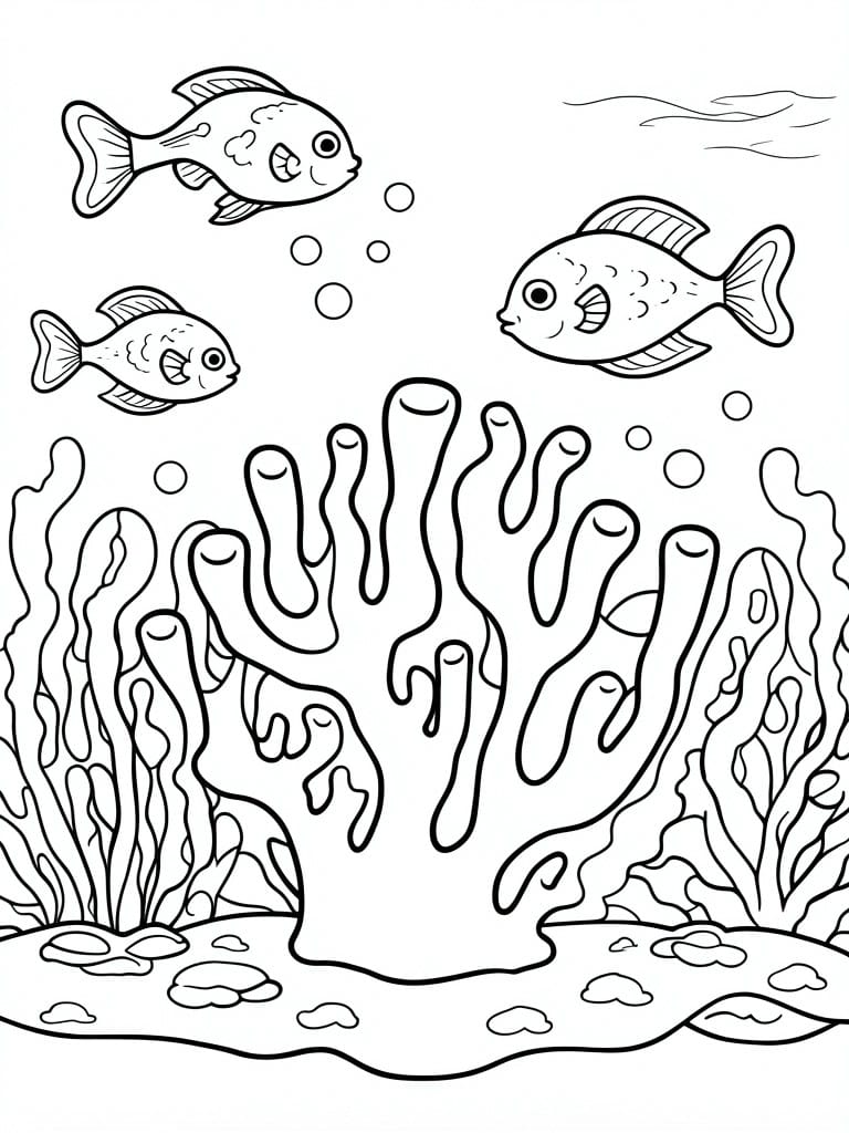 Coloring page of three fish swimming among seaweed, coral, and bubbles.