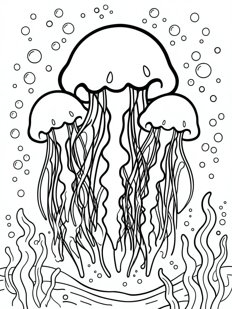 Line art of three jellyfish with tentacles amid bubbles and swaying seaweed
