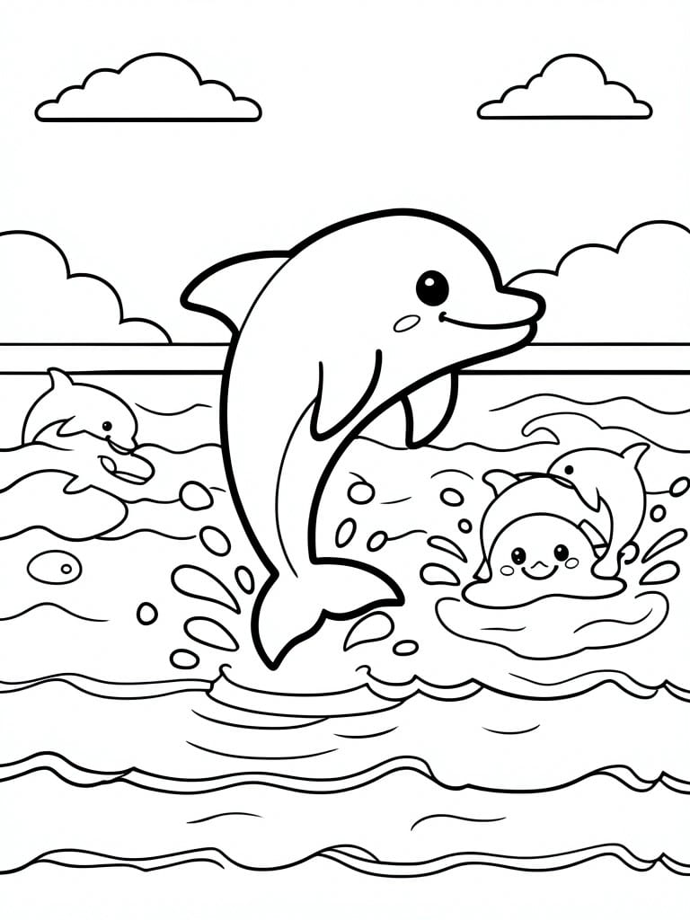 Coloring page of three dolphins leaping and swimming in ocean waves with clouds