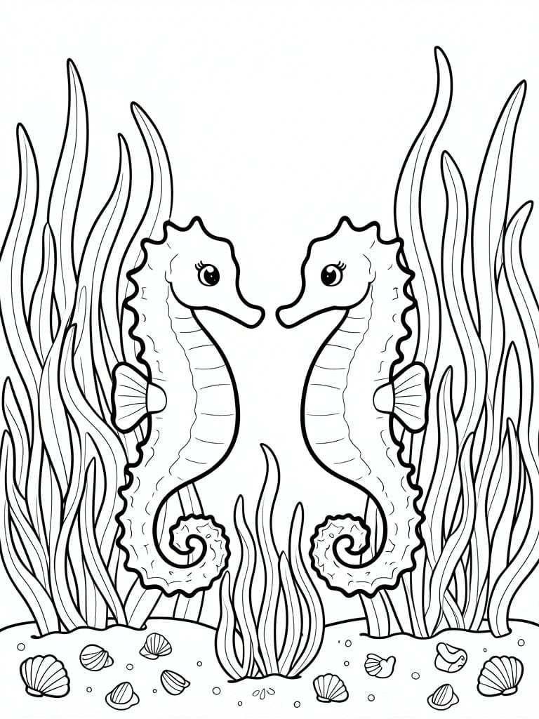 Two seahorses facing each other amid seaweed and seashells on ocean floor