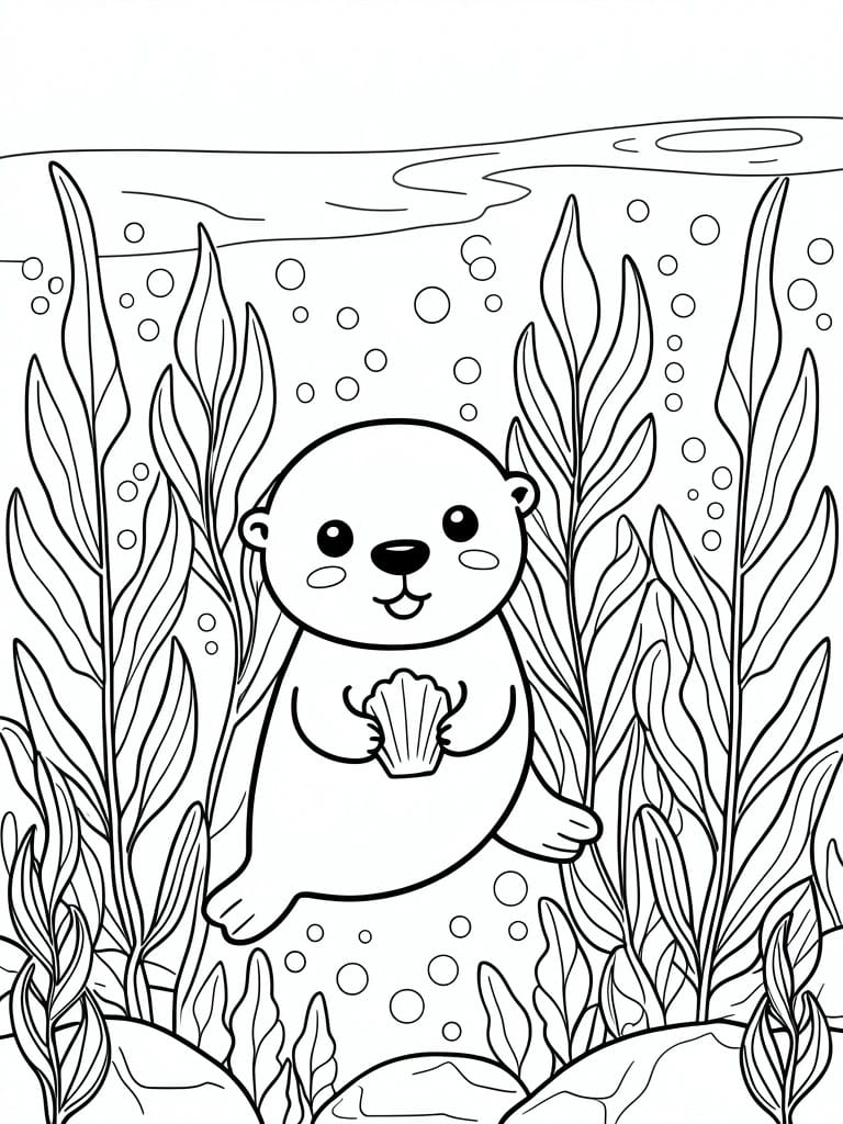 Cartoon otter clutching seashell amid tall seaweed and rising bubbles in line art