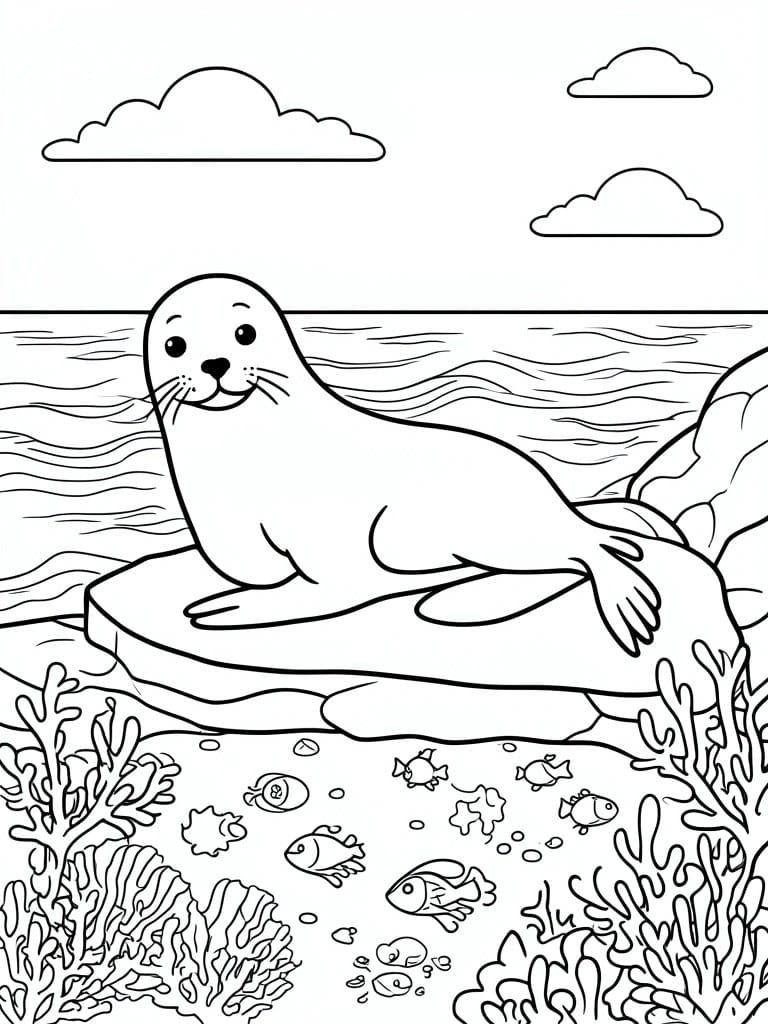 Coloring page of a seal on a rock above fish, coral, and ocean waves