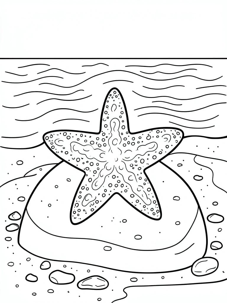 Line drawing of starfish on sandy seabed with waves and scattered pebbles above