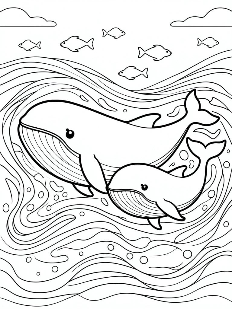 Adult and baby whale swimming among fish in wavy ocean waters with bubbles