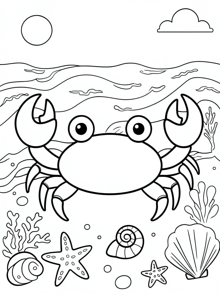 A black and white line drawing of a large crab on the beach surrounded by waves, sun, clouds, shells, and starfish.