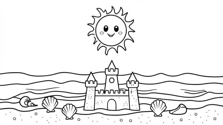 A black and white coloring page showing a smiling sun, clouds, ocean waves, a sandcastle on the beach, shells, and a small fish.