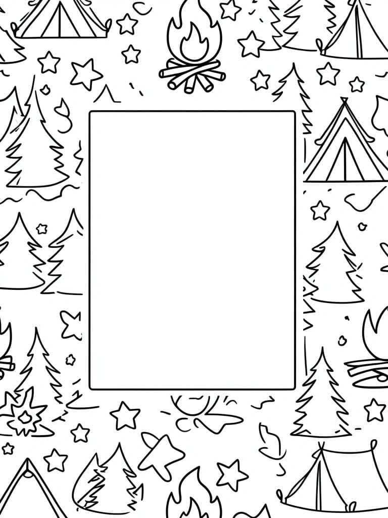 A black and white line drawing of a coloring page with a large empty central rectangle bordered by camping tents, pine trees, campfires, and stars.