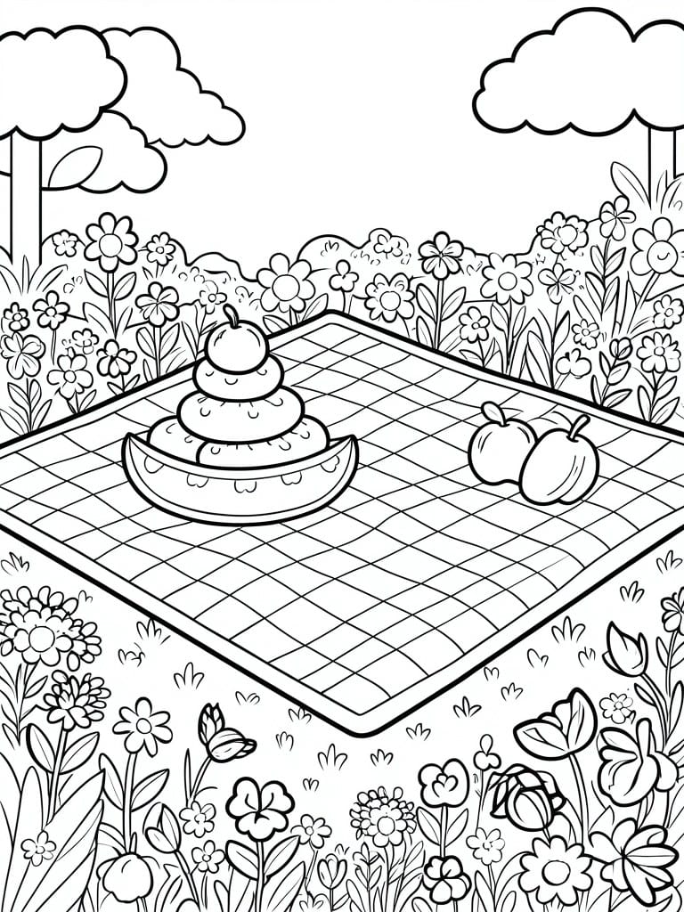 A black and white line drawing of a checkered picnic blanket in a garden with a stacked fruit sculpture, two apples, flowers, trees, and clouds.