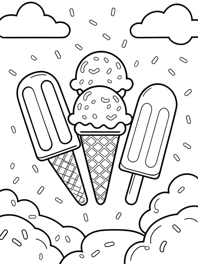 Coloring page with two popsicles and double-scoop ice cream cone amid clouds and sprinkles.