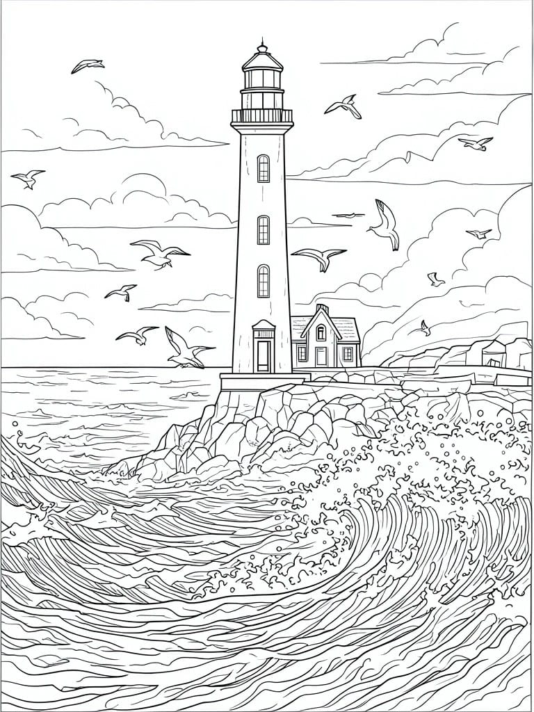 Black and white line drawing of lighthouse on rocky cliff with crashing waves and birds.