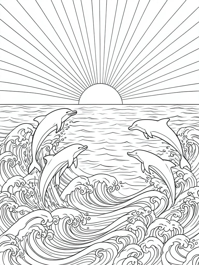 A black and white coloring page shows four dolphins leaping from ocean waves with a sun and radiating lines in the sky above.
