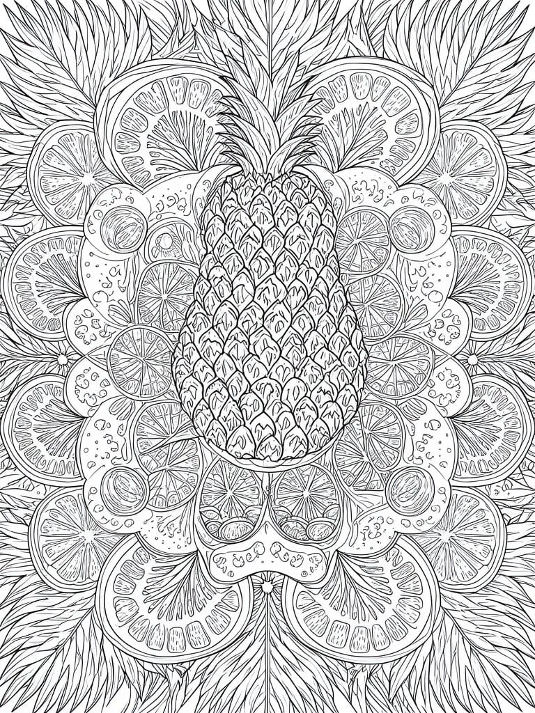A black and white line drawing of a pineapple centered among citrus slices and leaves in a circular mandala pattern.