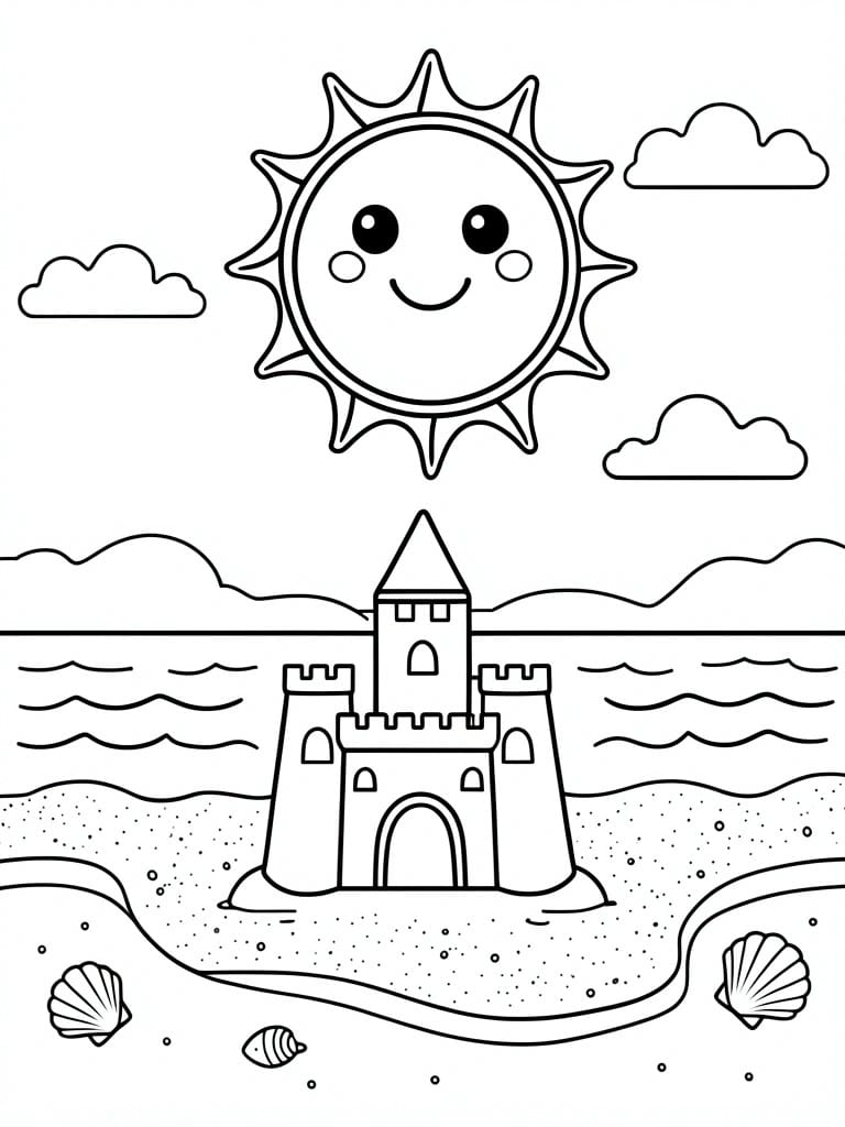 A black and white coloring page showing a smiling sun, clouds, ocean waves, a sandcastle on the beach, shells, and a small fish.