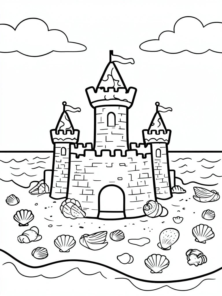 A black and white line drawing of a sandcastle on the beach with towers flags shells and ocean waves.