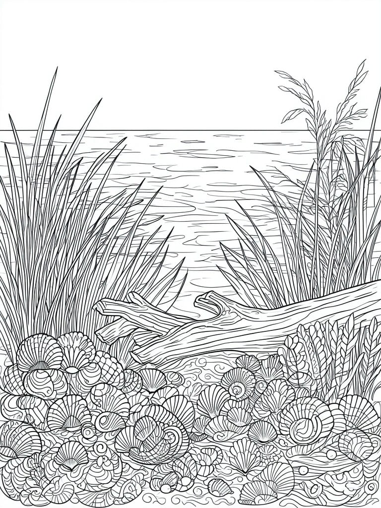 Line art of shoreline with seashells, driftwood, grasses, and calm water