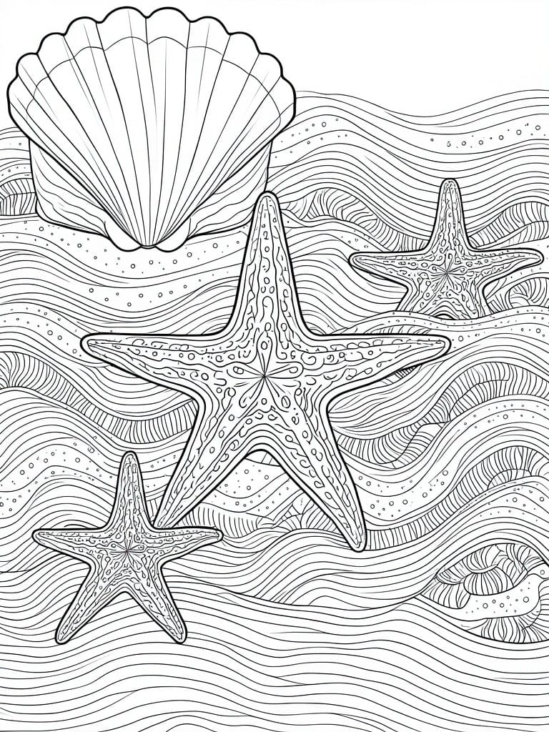 Coloring page featuring starfish and seashell on wavy ocean lines