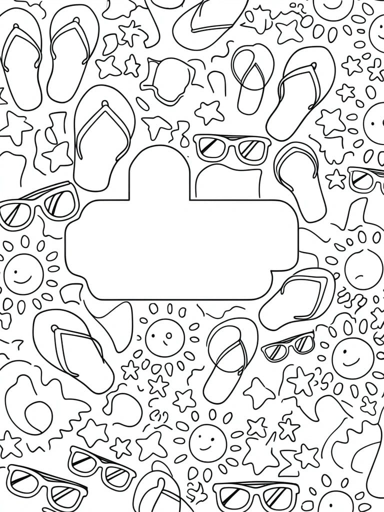 A black and white coloring page with flip flops, sunglasses, smiling suns and stars surrounding a large blank rectangular banner in the center.