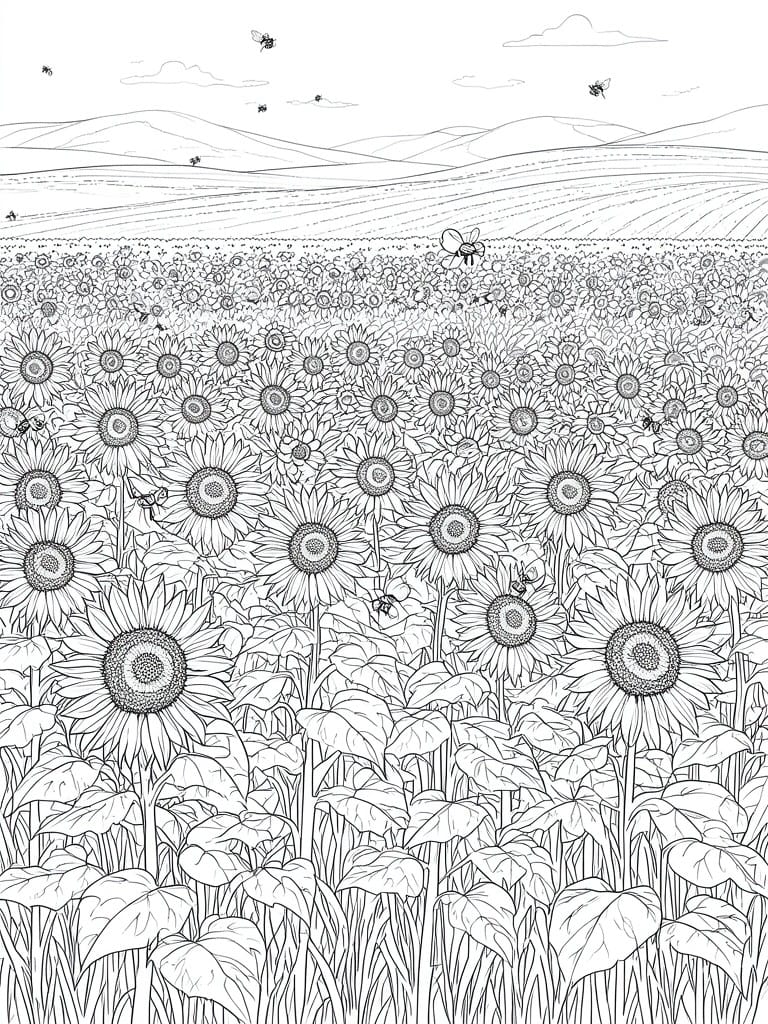 Black and white line drawing of a sunflower field with bees and hills in the background.