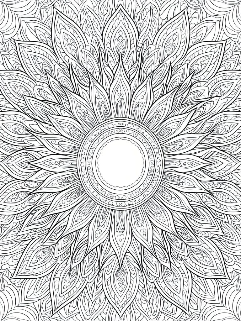 Intricate black-and-white mandala with layered floral petals and geometric patterns
