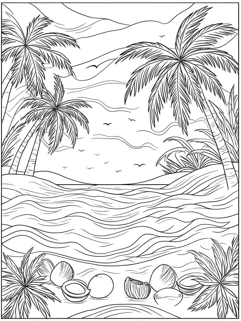 A black and white line drawing of a tropical beach with palm trees, ocean waves, birds, and coconuts on the sand.