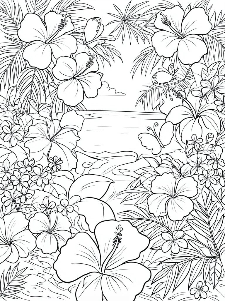 Line art of lush tropical garden with hibiscus flowers, butterflies, and winding path.