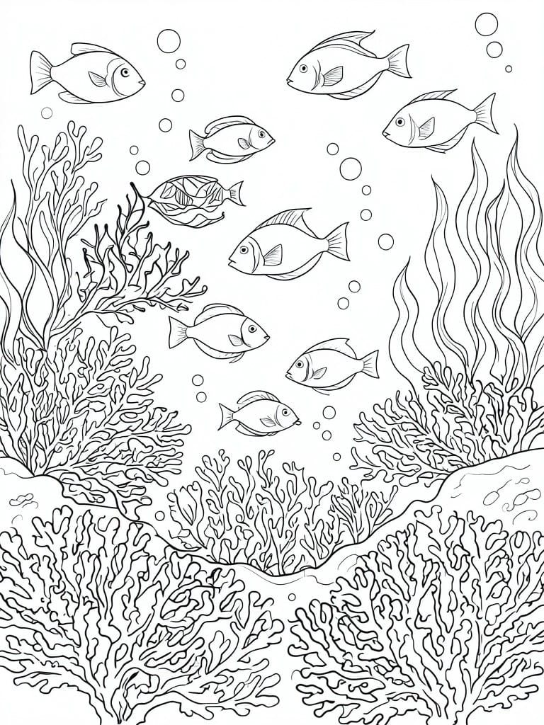 Line art of fish swimming amid coral reefs, seaweed, and rising bubbles