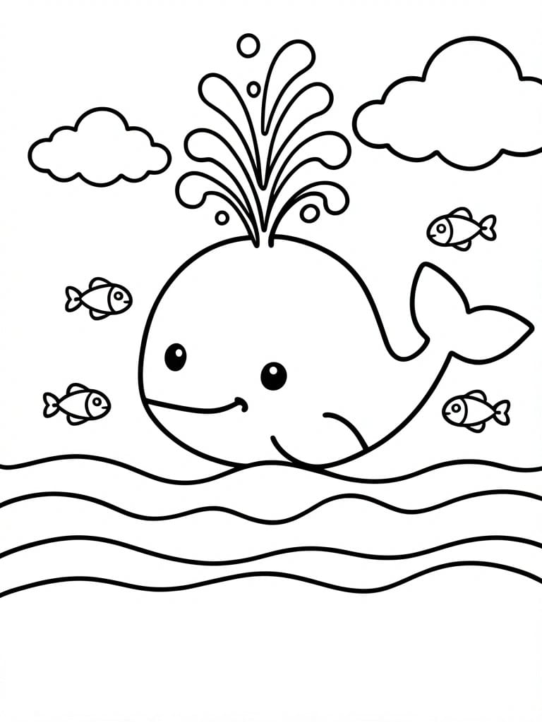 Smiling whale spouting water amid fish, clouds, and ocean waves in line art.