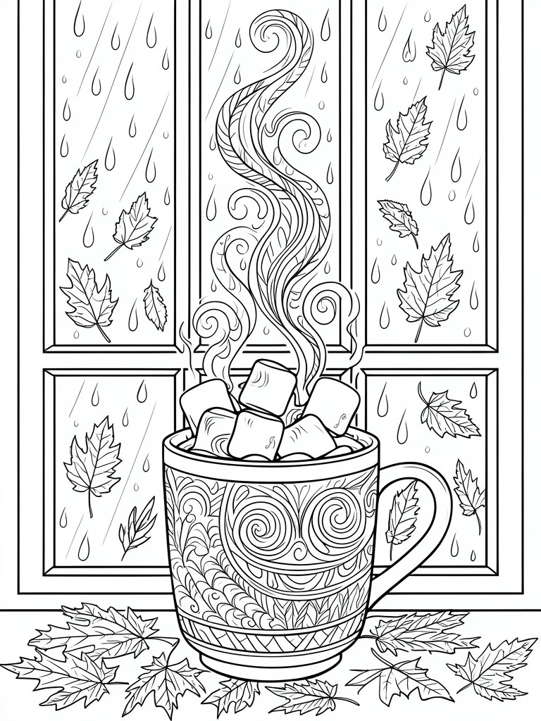 A coloring page of a patterned mug filled with marshmallows and swirling steam, set in front of a rainy window with falling autumn leaves and more leaves at the bottom.