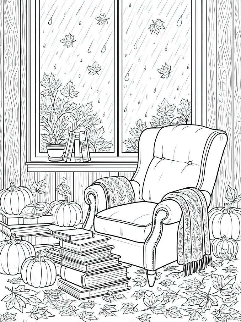 Black and white line art of an armchair with patterned blankets beside a rainy window, with stacks of books and pumpkins on the floor.