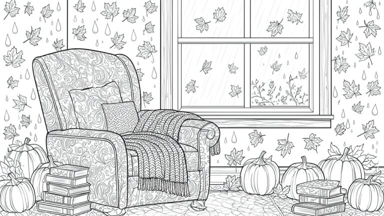 18 Comforting Fall Coloring Pages for Rainy Day Coloring Sessions Black and white line art of an armchair with patterned blankets beside a rainy window, with stacks of books and pumpkins on the floor.