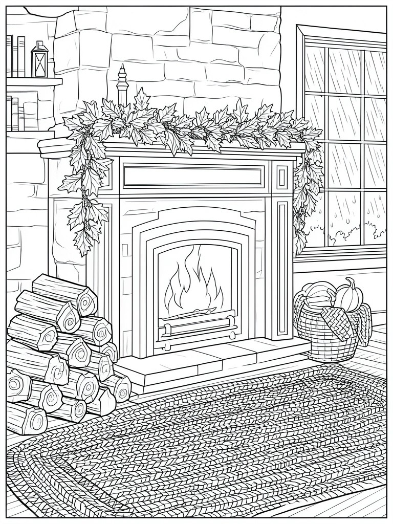 Coloring page of a stone fireplace with a fire, holly garland, stacked logs, pumpkin basket, and braided rug by a window.